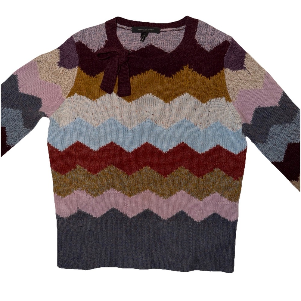 Marc Jacobs 100% Cashmere Sweater M Chevron Zigzag Knit Bow Intarsia Designer